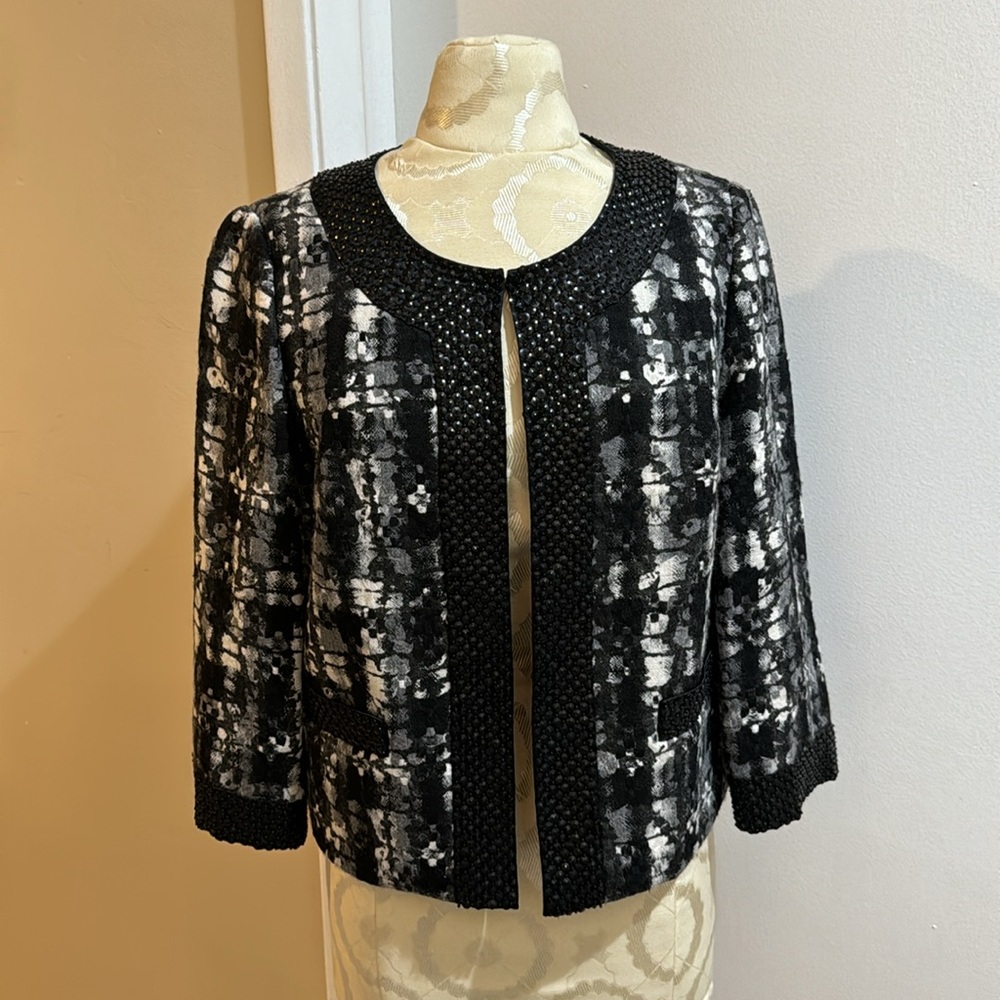 Badgley Mischka Sequins Tweed Wool Black White Lined Cropped Open Jacket